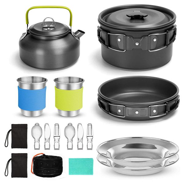 17 Piece Camping Cookware Mess Kit Non-Stick Lightweight Pot Pan Kettle Set