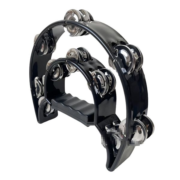 21 cm Handheld Tambourine Bell with Double Row Metal Jingles - Black