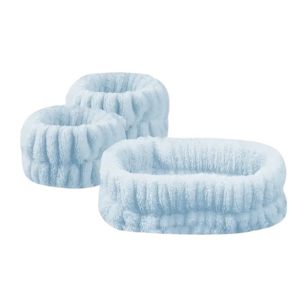 3 Piece - Fluffy Spa Skincare Headband With Matching Wristbands