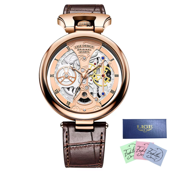 LIGE - Men Luxury Leather Strap Formal Skeleton Analogue Quartz Watch Black