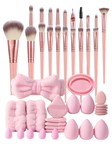 44-Piece Synthetic Makeup Brush Set With Beauty Blender Sponges - Rose Pink