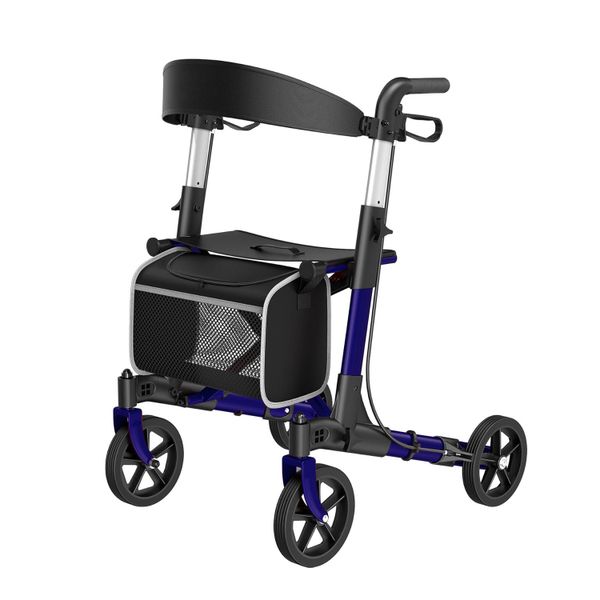 Adjustable Foldable 4-Wheel Rollator Walker - Blue/Black Mobility Aid