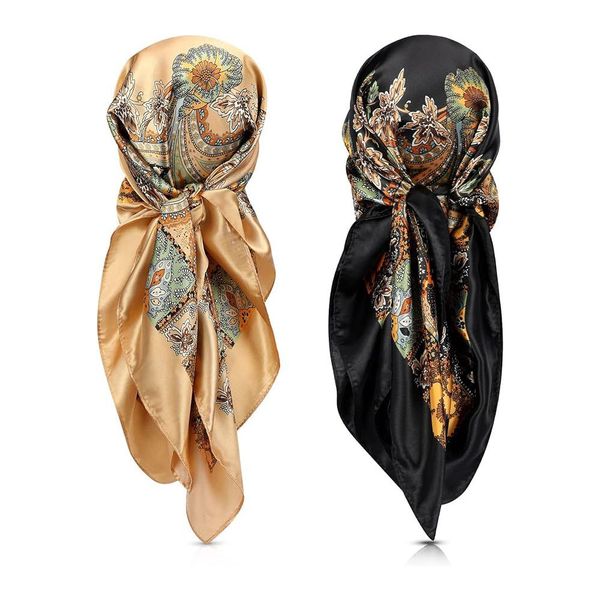 35 Inch Silky Head Scarf Large Square Neck Scarf Satin Scarf-2 Piece