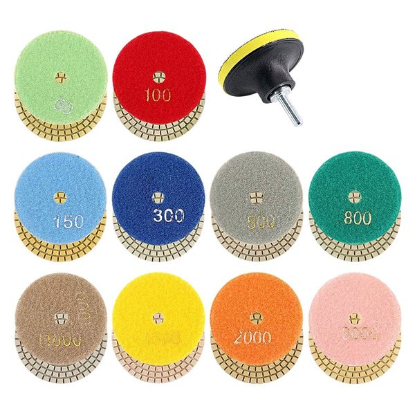 11Pcs 3inch Wet Diamond Polishing Pads Set 50 to 3000 Grit Hook and Loop Ba