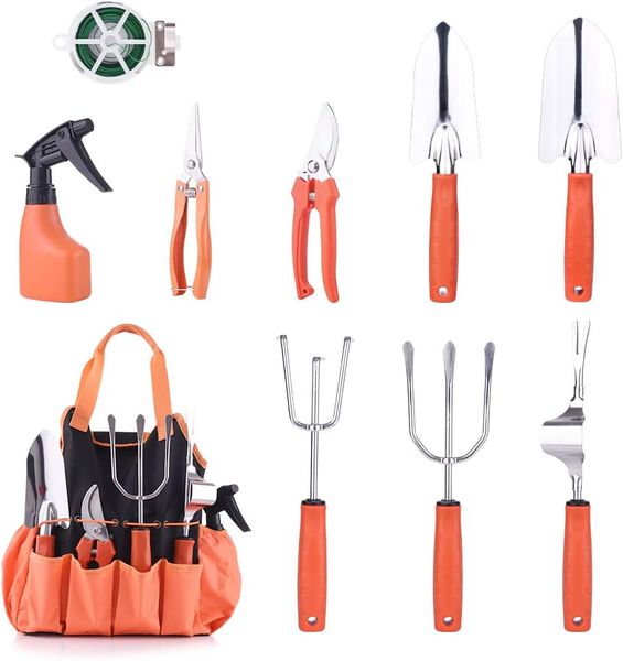 10 Pieces Stainless Steel Gardening Tool Set with Portable Tool Bag