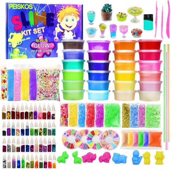 PEISKOS Ultimate 121 Piece DIY Glow Slime Making Kit Toys Set for Kids Age 6+