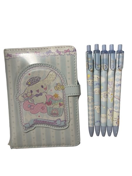 Cinnamoroll character notebook with 5 black ink Rollerball Pen set