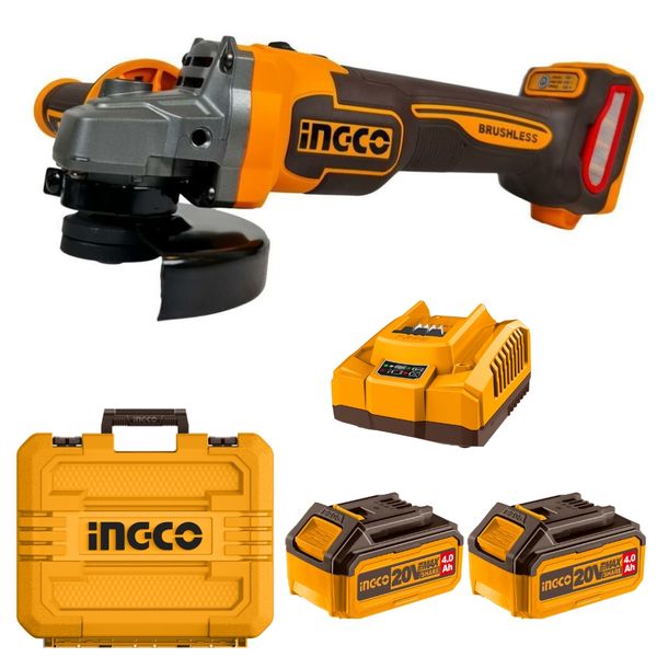 Ingco - Cordless Brushless Angle Grinder with 2 x 4.0Ah Battery and Charger