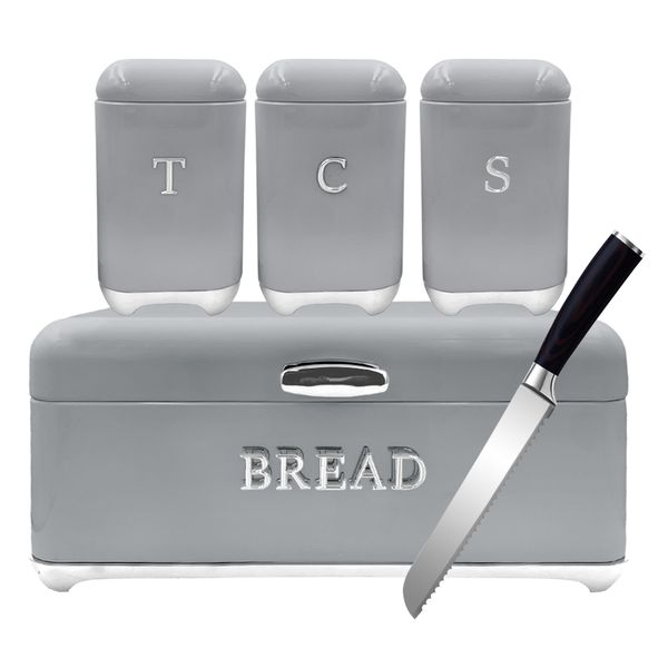 Retro Design Bread Bin with Matching Canister Set including Knife - 5Pcs