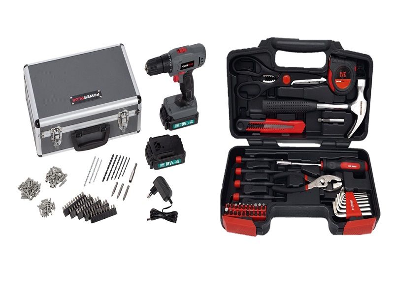 Power Plus 18V Cordless Drill Kit + Red Rhino 39-Piece Hand Tool Set