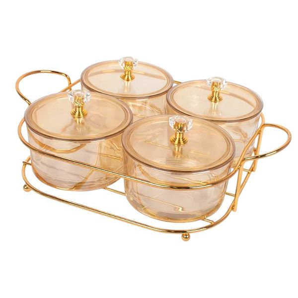 Luxury 4 Compartment Dried Fruit Serving Bowls With Lid &amp; Tray - Amber/Gold