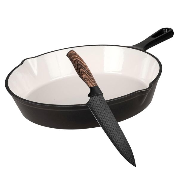 25cm - Glazed Enameled Cast Iron Fry Pan Including Craving Knife - 2 Pieces