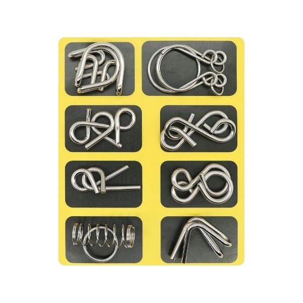8 Piece Brain Teasers Metal 3D Wire Puzzle Toy - Silver