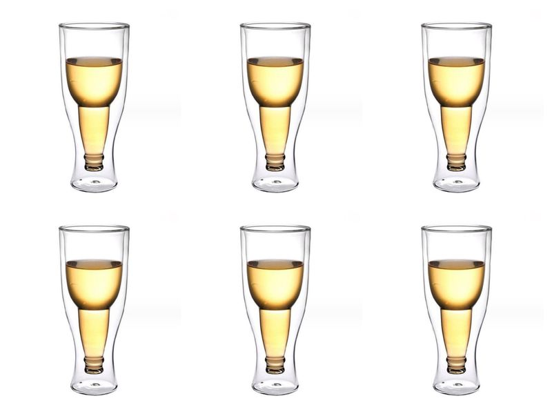 6 Beer Glasses, Clear Double Wall Insulated Pub Mug, Upside Down Design