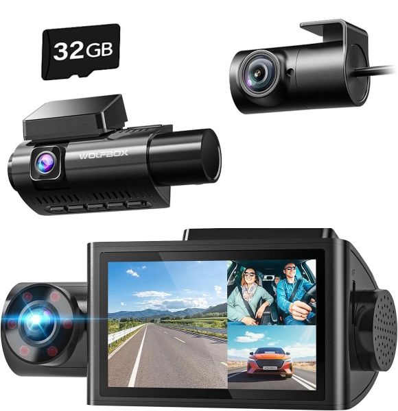 Wolfbox i07 3-Channel Dash Camera - 4K Recording, Built-In GPS, WiFi &amp; LCD