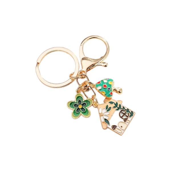 Multi-Purpose Keyring With Mushroom &amp; Cottage Charm &amp; Floral Accent - Green