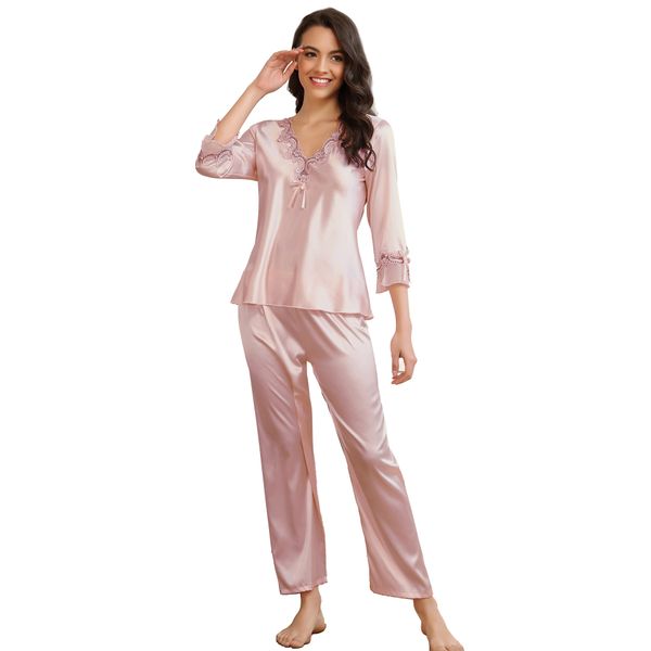 Edendiva's Quality Long Sleeve Silk Pajama Set Two Piece Set - Pink
