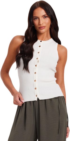 Quiz - Women Cream Button Front Top