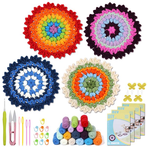 Crochet Kit Handmade 4 Piece DIY Coasters Complete Set for Beginners