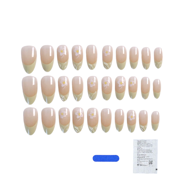 30 Pieces Floral French Tip Press-On Nail Set - Green