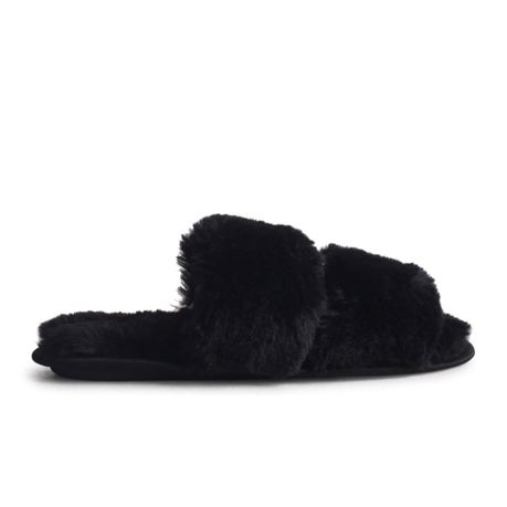 Linzi Lia Ladies Black Faux Fur Double Strap Slippers Shop