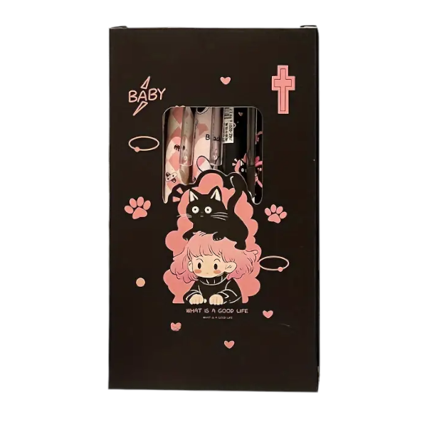 Kawaii Black &amp; Pink Retractable Ballpoint Pens - Set of 6 - Black And Pink