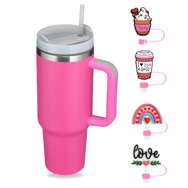 Tumbler with Handle Lid Straw and 4 Fancy Stoppers - Stainless Steel