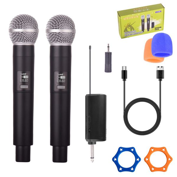 2Pc Handheld Wireless Microphone Set with Rechargeable Receiver and Adapter