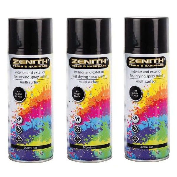 Zenith Spray Paint Fast Drying Spray Paint, Gloss Black, A01 (Pack of