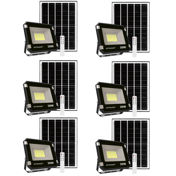 6 x Actolight Premium Solar Rechargeable Flood Light - 30W