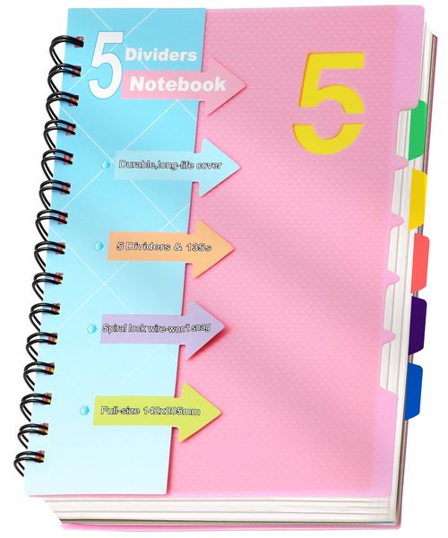 Ruled 220 Pages A5 Spiral Notebooks with Divider Tabs for Note Taking-Pink