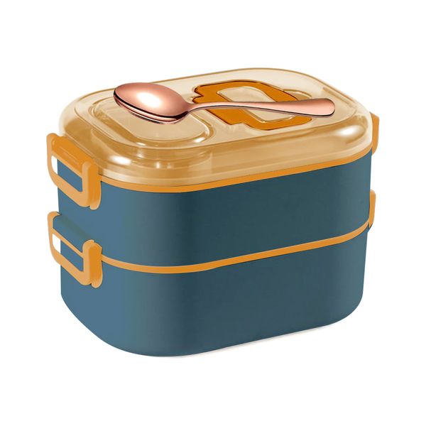 Double Layer Compartment Leak-Proof 304 Stainless Steel Lunch Box with Stainless Steel Gold Spoon