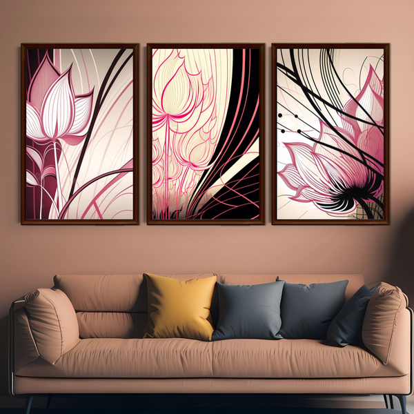 Set of 3 Pink and Black Floral Wall Art Decor Prints - A3 Size (Unframed)