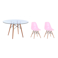 3 Piece Glass Table and Pink Wooden Leg Chairs
