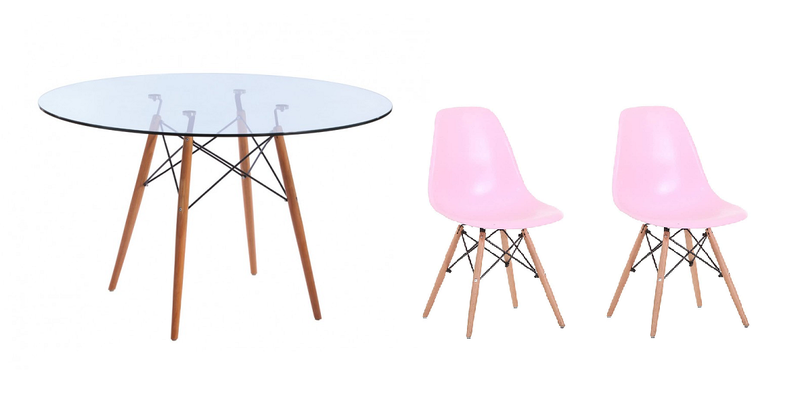 3 Piece Glass Table and Pink Wooden Leg Chairs