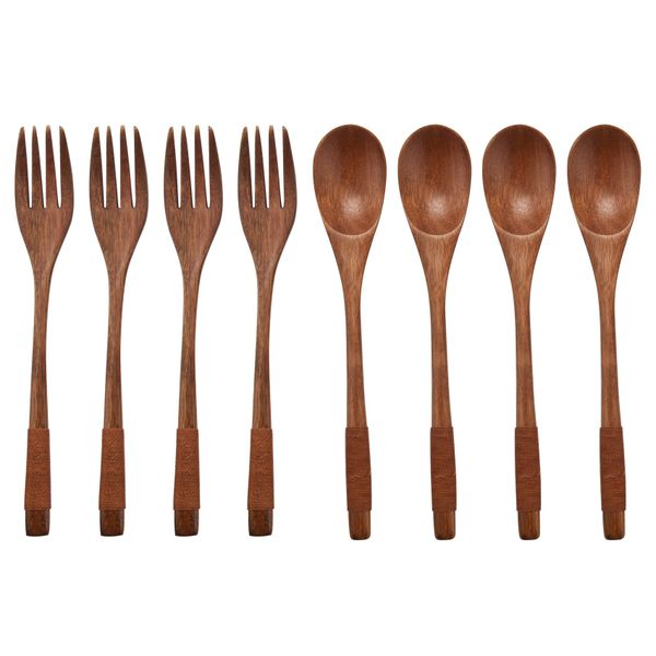 Wooden 9inch Japanese Spoon Fork Set Kitchen Wooden Cutlery Set 8Piece