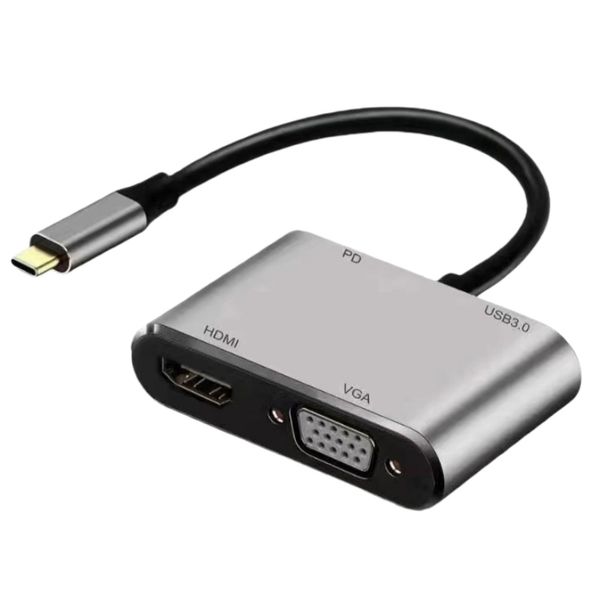 4-in-1 Type-C Hub Adapter with 4K HDMI VGA USB PD Charging for PC Laptop