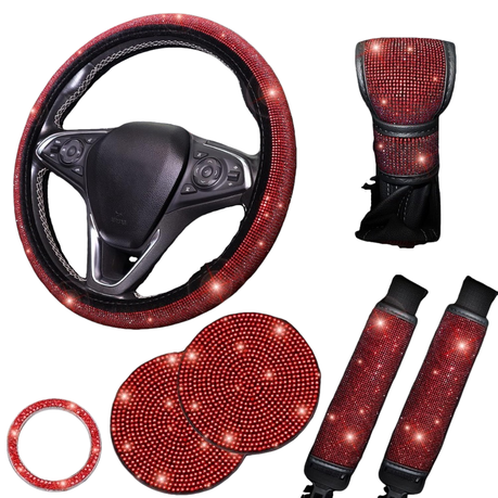 Red Bling Car Accessories Set Of 7 Pack, Crystal Rhinestone Steering Wheel