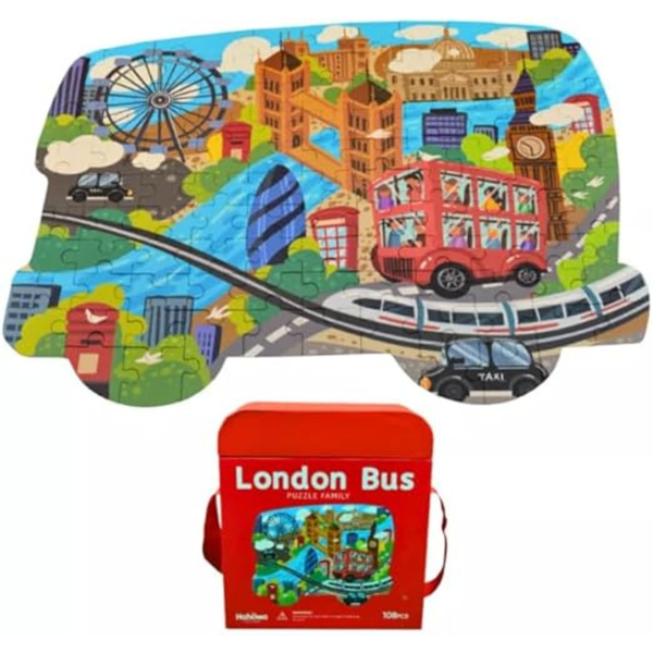 Mu Bear &amp; Co- Floor Puzzle London Icons- Bus Shaped-108 Pieces in Carrycase