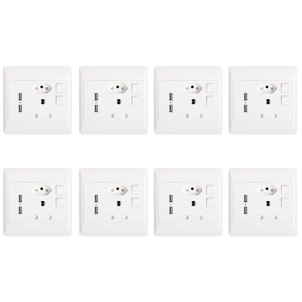 Set Of 8 Double Wall Sockets 1 x 3 &amp; 1 x 2 Point With 2 USB ports - White