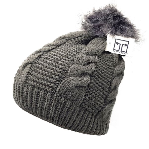 BUFFTEE Winter Knitted Braided Beanie With Pom Pom - Charcoal