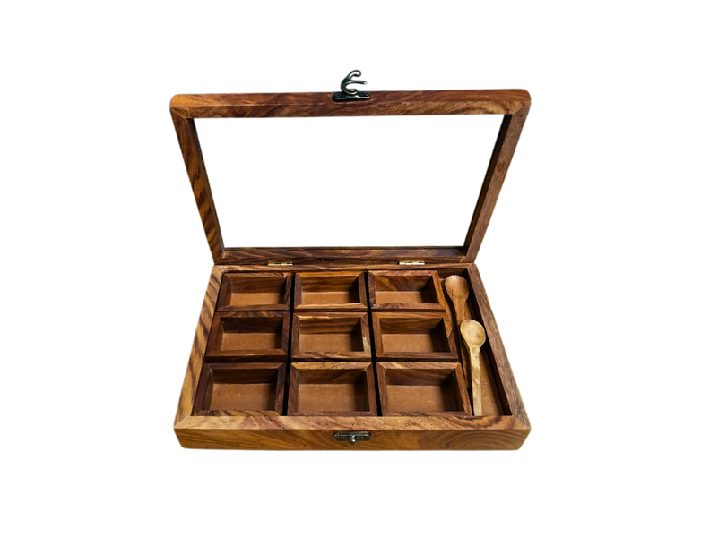 Handcrafted Mango Wood Jewellery/Spice Box with Glass Lid - 9 Compartments