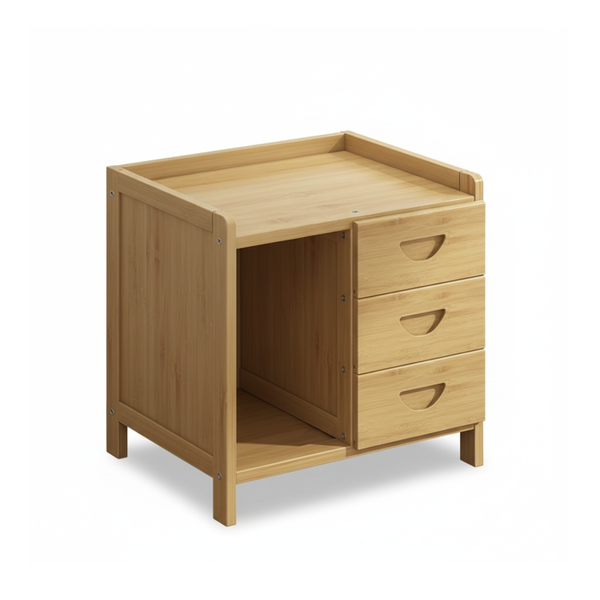 Bamboo Side Table with 3 Drawers | Half-Open Bedside or End Table