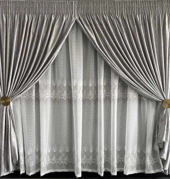 Silver &amp; Beige Taped Curtain &amp; Lace image