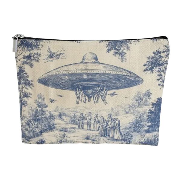 1-Piece French Toile de Jouy Cosmetic Bag - Vintage UFO Alien Spacecraft