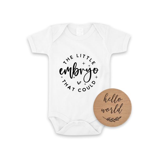 The Little Embryo IVF Pregnancy Announcement Onesie &amp; Hello World Disc