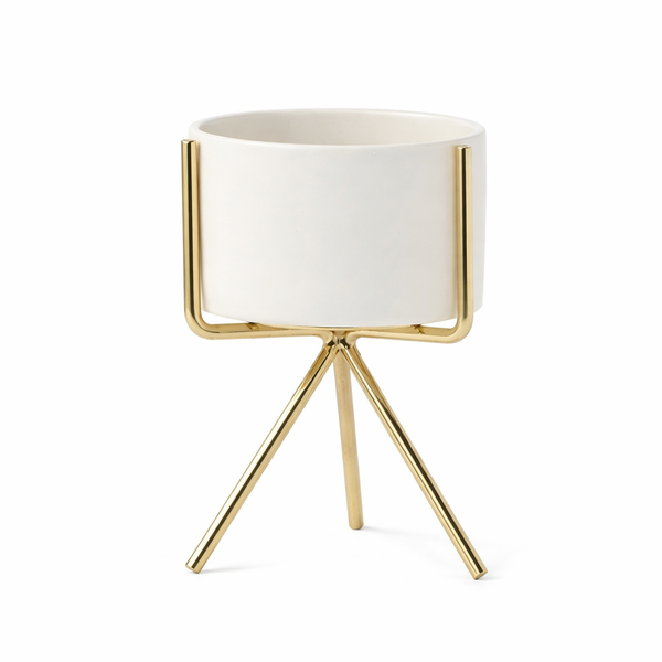 Ceramic Nordic Minimalist Tripod Planter Pot - Small - White and Gold