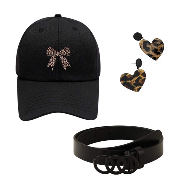 Women's Casual Set - Adjustable Cap, Leopard Print Earrings &amp; Black Belt