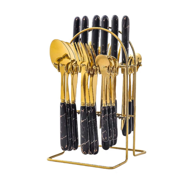 Classic 24 Piece Gold With Marble Handle Dinner Flatware Set