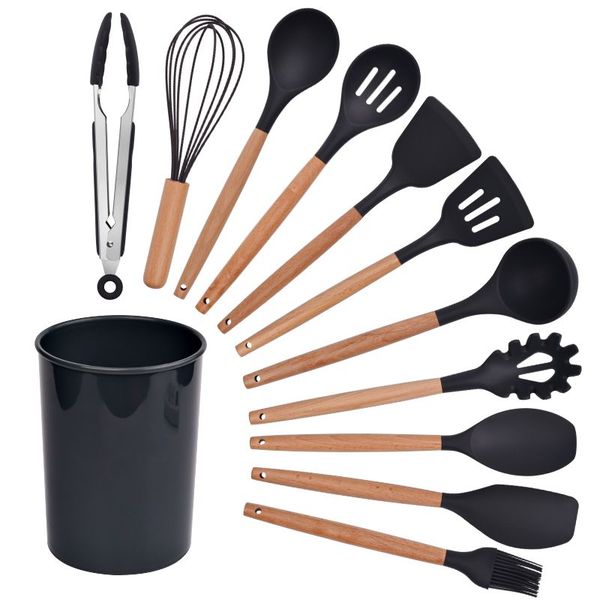 12 Piece Non-Stick Silicone Cooking Utensil Set with Natural Wooden Handles